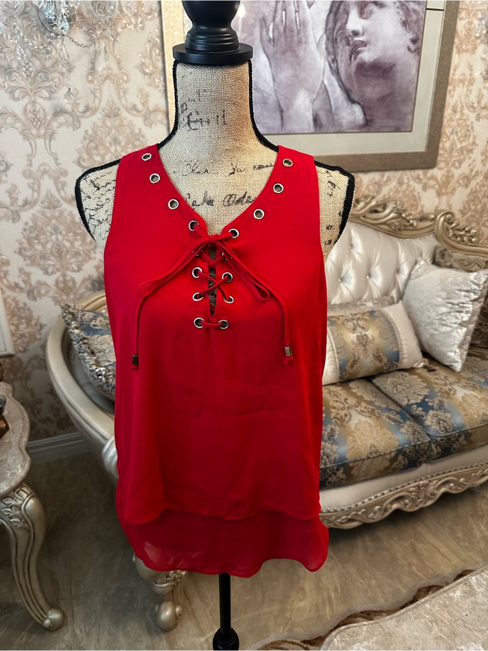 INC International Concepts Red Lace-Up Eyelet Sleeveless Camisole